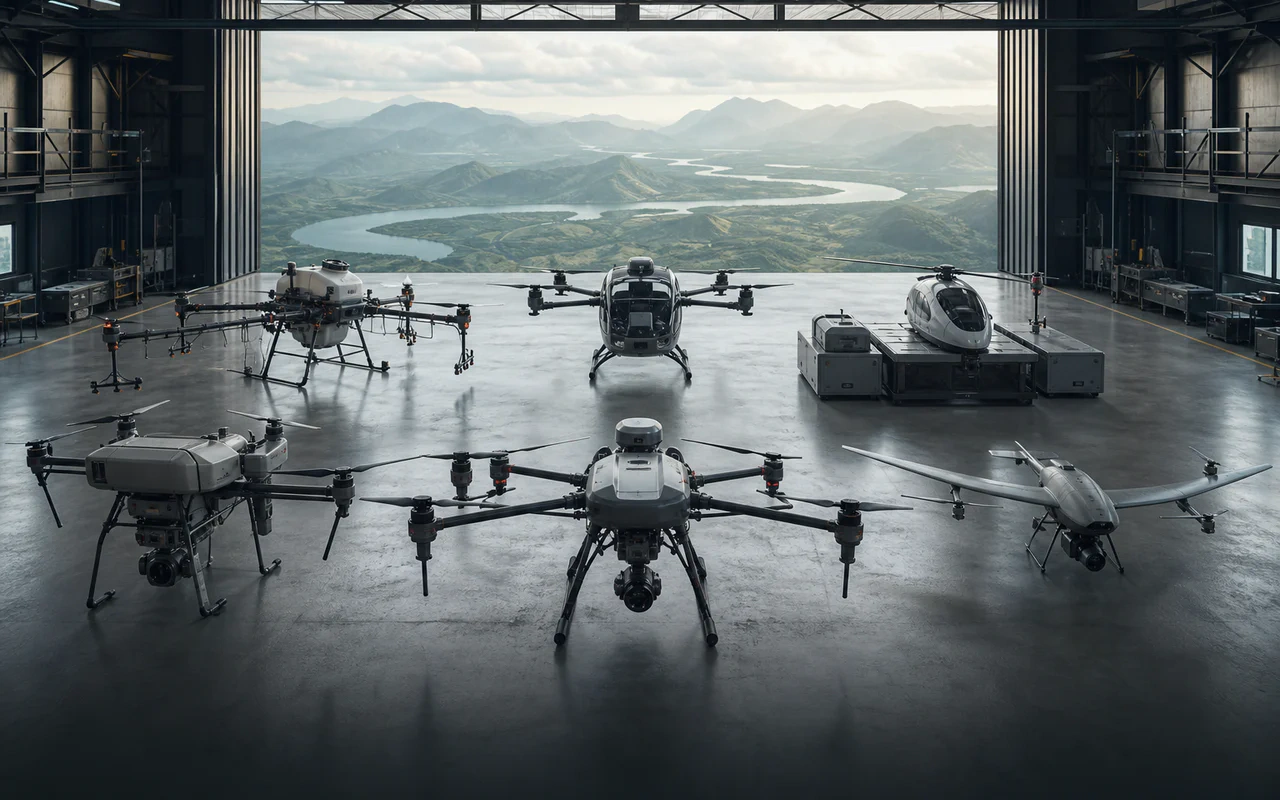Commercial agriculture, inspection, mapping, and logistics drones in a modern hangar
