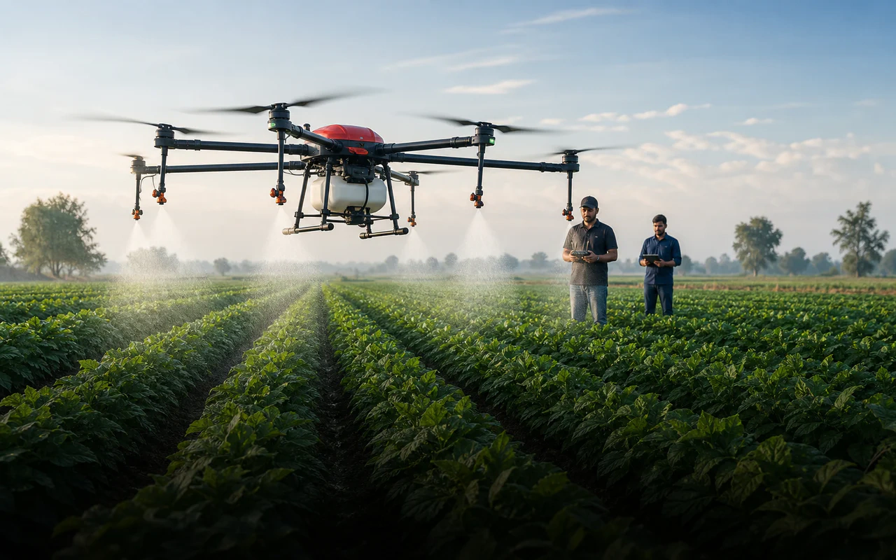Agricultural drone precision spraying while trained pilots supervise the field
